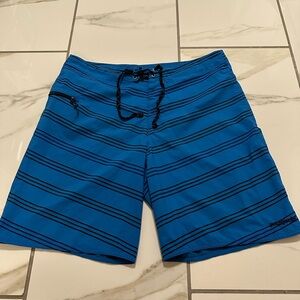 Patagonia Men's Blue and Black Striped Board Shorts